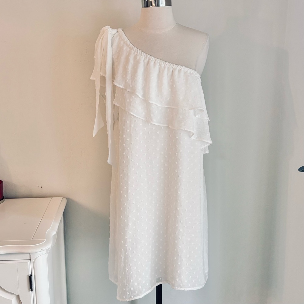 LAST CHANCE; CeCe White One Shoulder Chiffon Swiss Dot Dress, Large, NWT